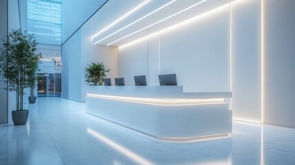 sleek and modern information desk in a shopping mall, minimalist design, bright white lighting