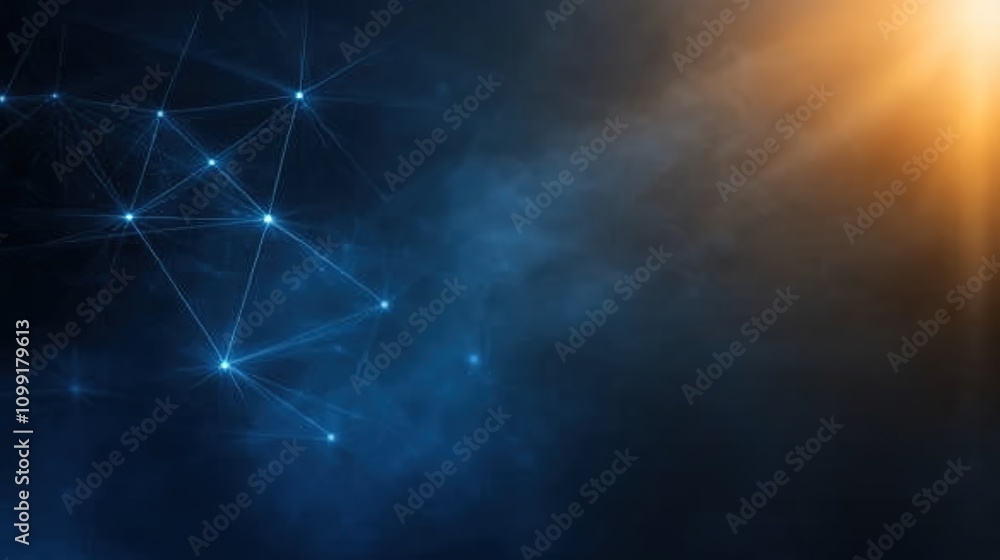 Poster abstract background featuring a blend of deep blue tones, glowing light elements, and dynamic patter