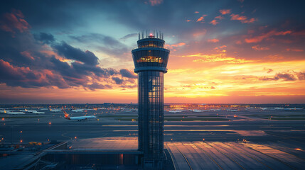 Naklejka premium Control Tower and Runway � View of an air traffic control tower overlooking a bustling airport runway, Aviation Day,