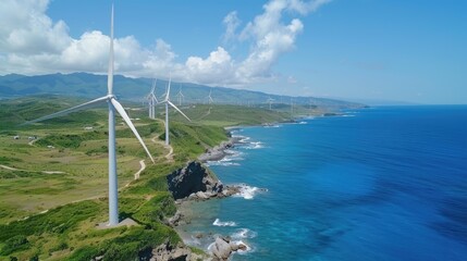 Fototapeta premium Coastal wind turbines generate clean energy. Sustainable power solution for a brighter future, showcasing renewable energy.