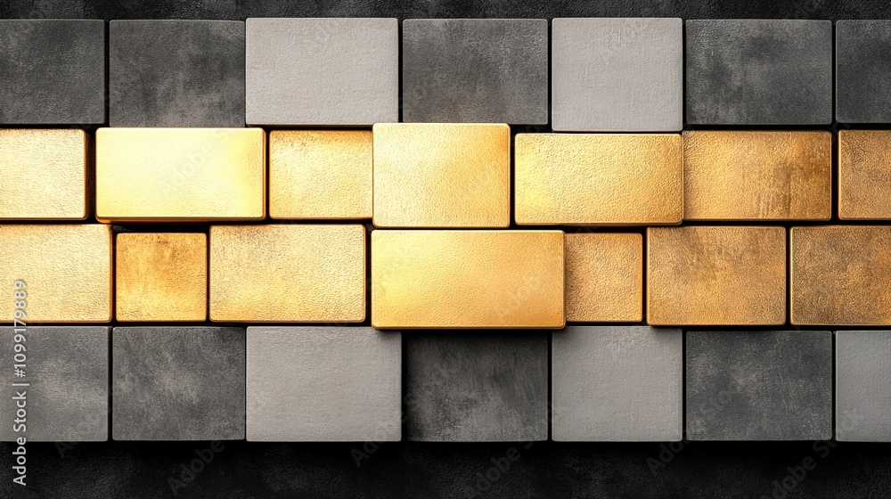 Poster elegant arrangement of gold and gray rectangular blocks creating a striking wall design, showcasing 