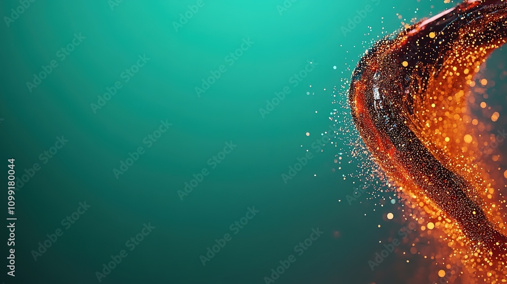 Poster fluid dynamics of colorful liquid motion with sparkles against a soft teal background evokes a sense