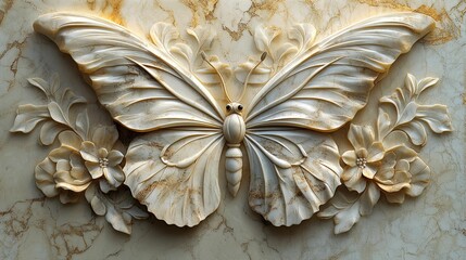 Elegant Marble Butterfly Carving With Floral Accents
