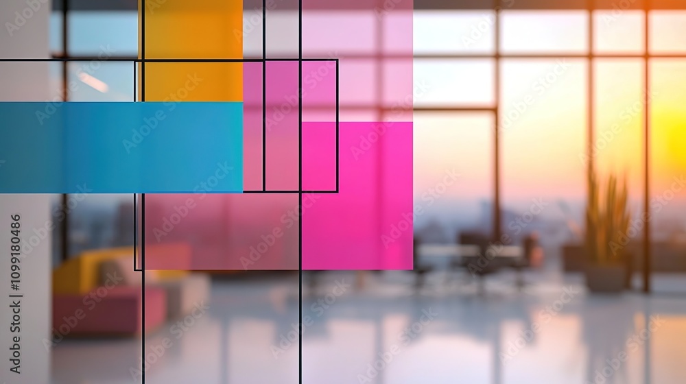 Poster Modern Office Space with Colorful Abstract Shapes in the Foreground and Bright Sunset View through Large Windows, Creating a Lively and Inspirational Atmosphere