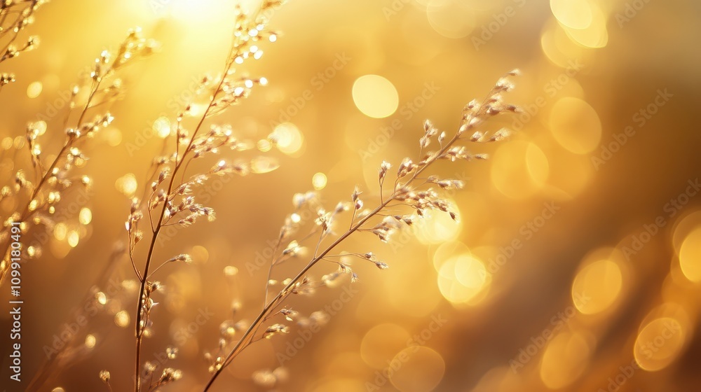 Poster a close-up of delicate grass illuminated by soft golden light, creating a serene atmosphere.