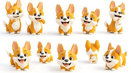 Fototapeta premium Adorable Cartoon Corgi Dog Poses D Render