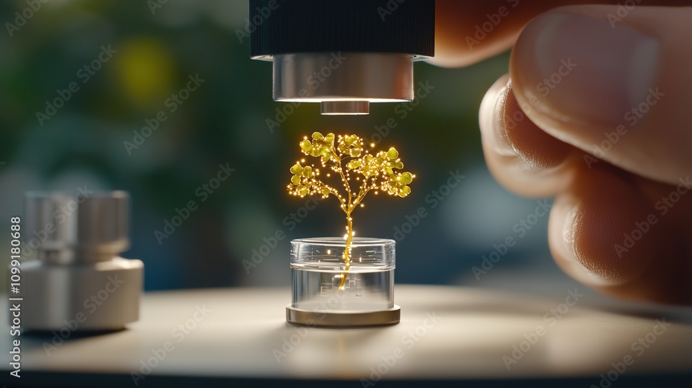 Poster macro photography of a hand holding a microscope lens over a small glass container with a golden tre