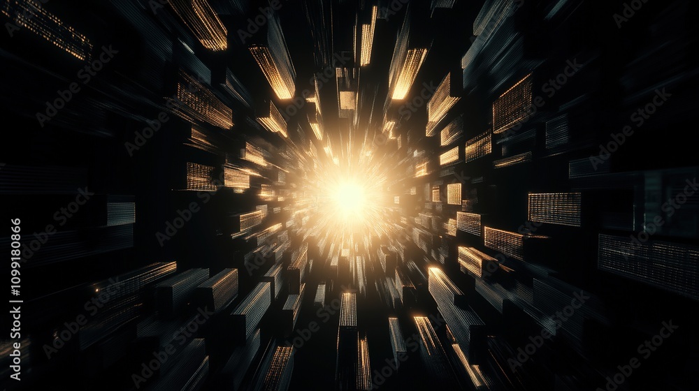 Aufkleber explosive burst of light amidst digital particles represents a futuristic concept of technology, ene