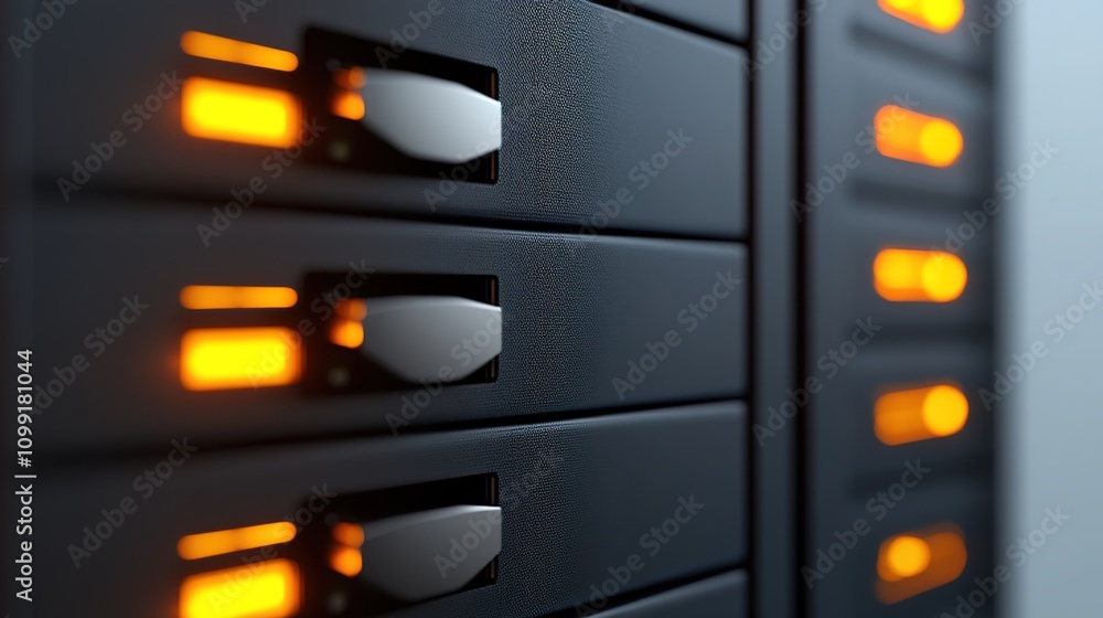 Aufkleber close-up view of modern data storage units with glowing orange indicator lights in a server room set