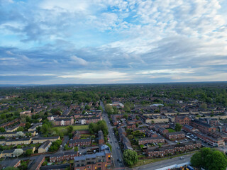 Aerial View of Buildings at Greater Manchester Central City, Northwest of England, United Kingdom. Aerial View Footage Was Captured with Drone's Camera on May 4th, 2024 During Sunset Time.