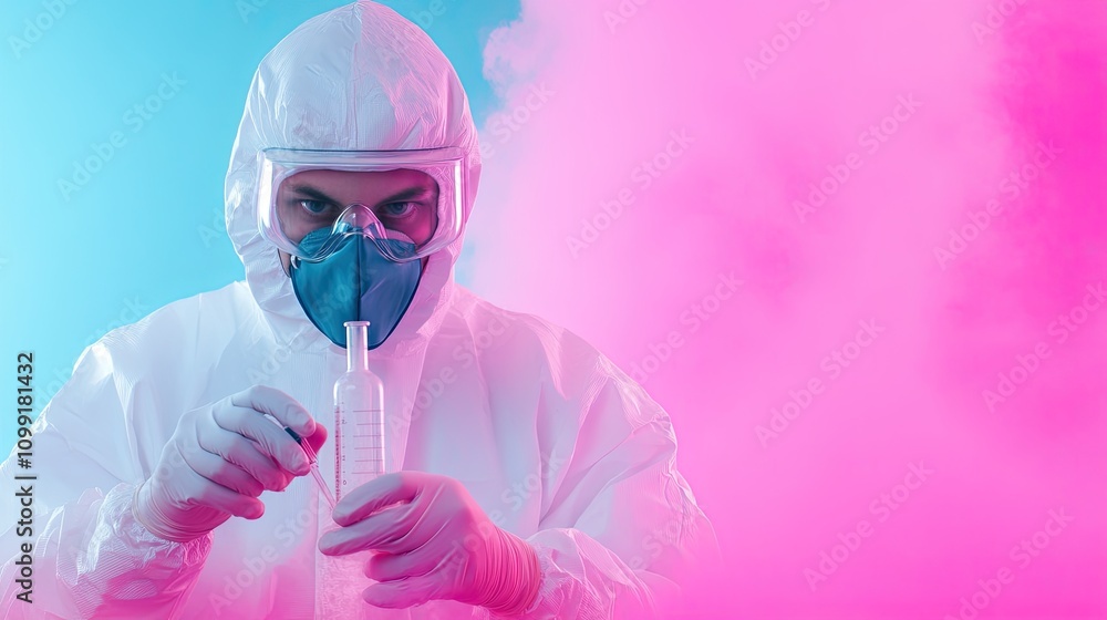 Poster laboratory experiment demonstration science lab image of researcher colorful background close-up vie
