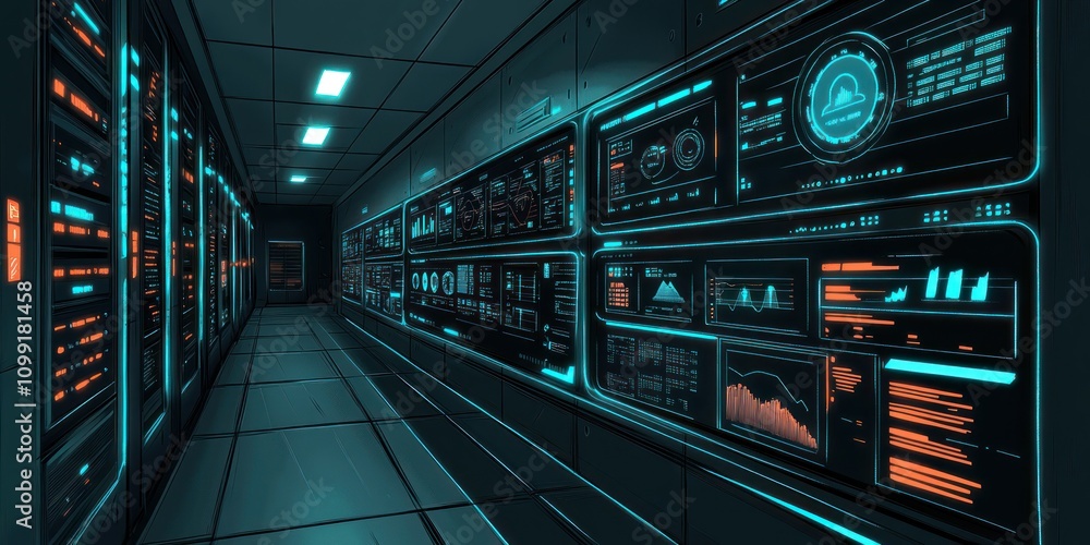 Poster a futuristic data center corridor with glowing interfaces and digital displays.