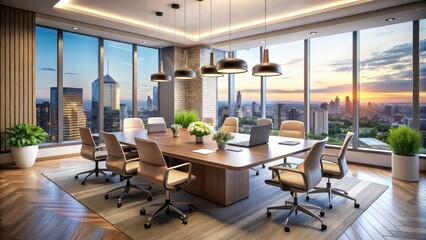 Fototapeta premium Modern Conference Room with Stylish Furniture, Laptops, and Large Windows - Bright and Collaborative Workspace for Meetings and Presentations