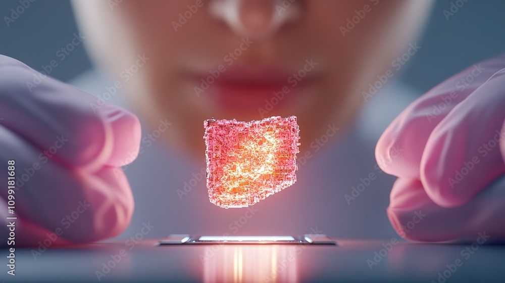 Poster scientist in lab coat examines glowing sample with precision using advanced technology for research 