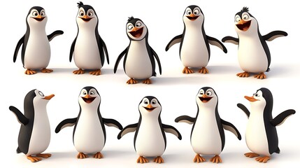 Obraz premium Ten Happy Cartoon Penguins White Background D Render