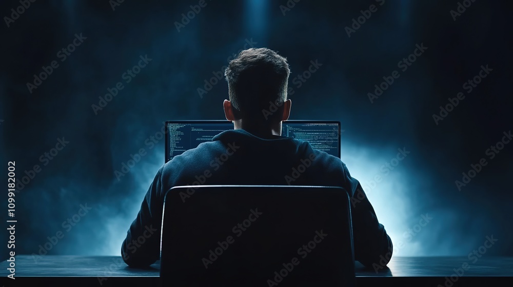 Poster dark silhouette of a focused individual working on a computer, illuminated by screen light in a dram
