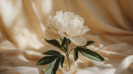 Obraz premium Creamy White Peony Blossom On Soft Beige Fabric