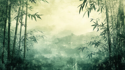 Fototapeta premium Illustration of a peaceful bamboo forest rendered in soft, muted greens and earthy tones