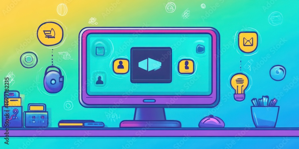 Poster digital workspace illustration with icons representing technology and communication tools.