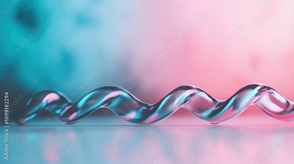 Poster colorful wavy reflection of a metallic spiral against a soft gradient background in blue and pink to