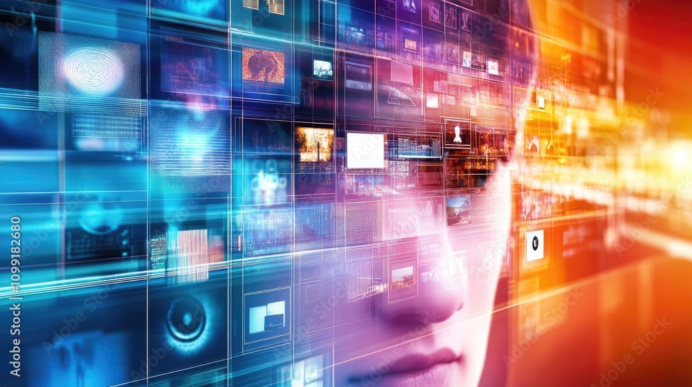 Poster digital interaction event virtual space multimedia content futuristic environment close-up view huma