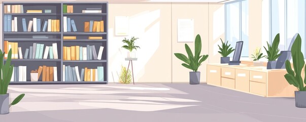 A modern office space with bookshelves and plants, promoting a productive environment.