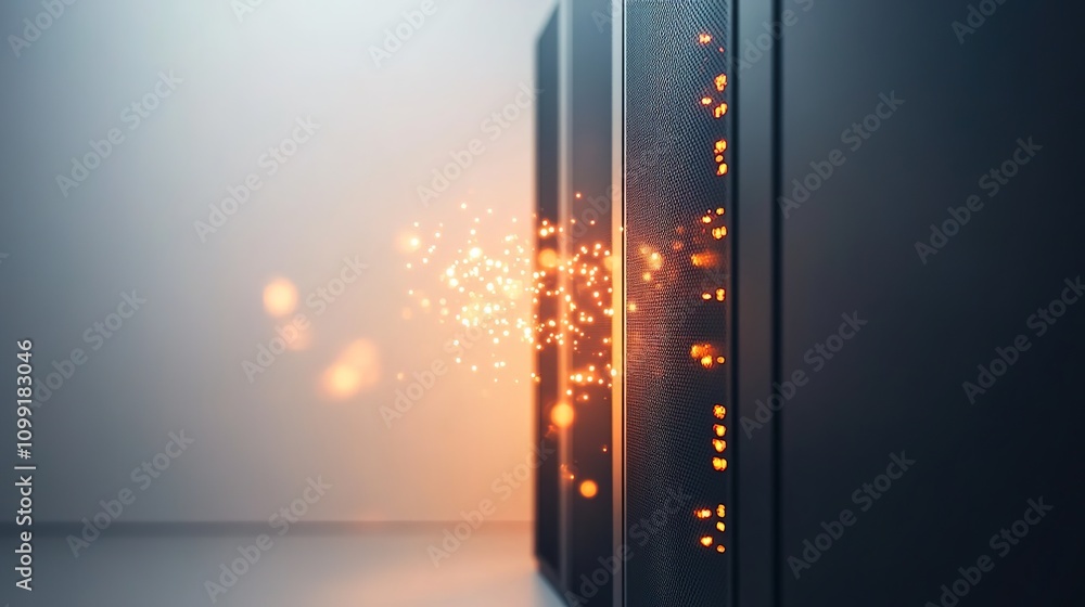 Poster futuristic data center conceptual image showcasing a server rack with glowing particles and digital 