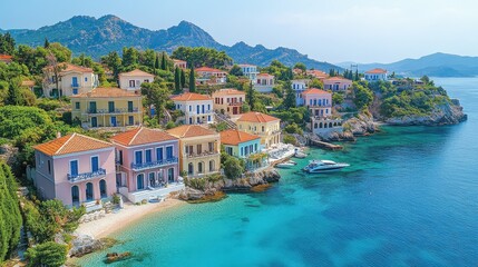 Fototapeta premium A picturesque coastal village with colorful houses by the turquoise sea.