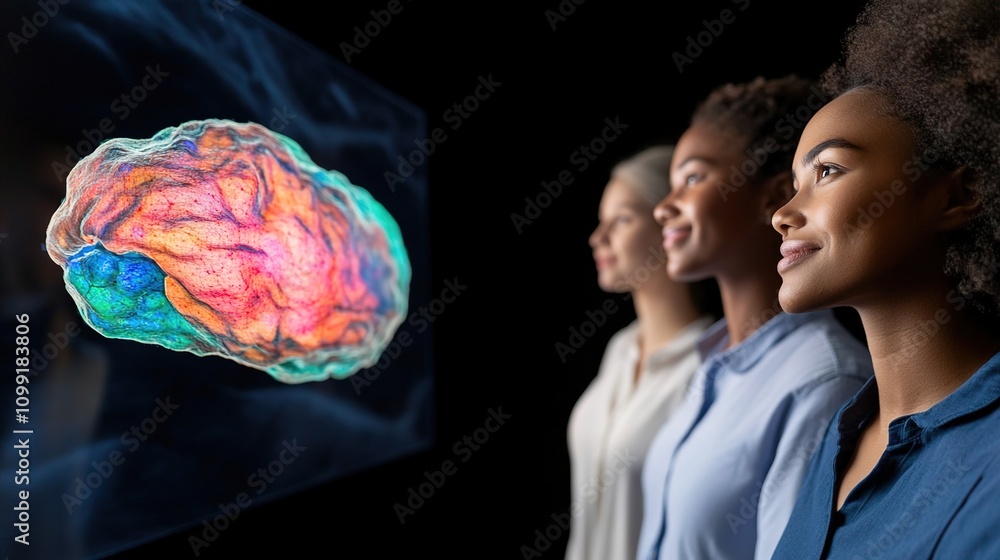 Aufkleber diverse group of women observing a colorful brain visualization highlighting the connection between 