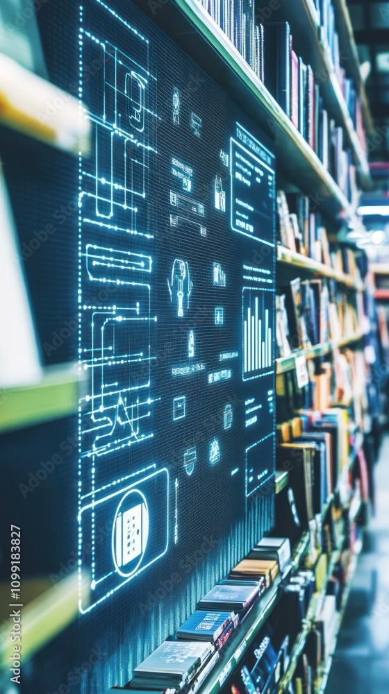 Poster a digital interface overlaying a library shelf filled with books, merging technology and knowledge.