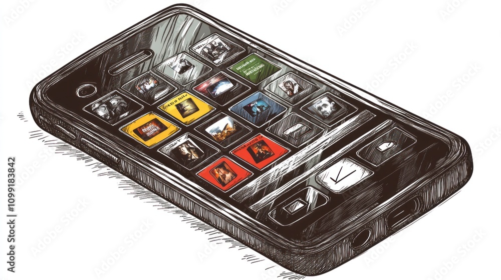 Poster a sketch of a smartphone displaying various app icons.
