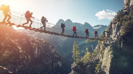 Naklejka premium Epic Mountain Climbing Adventure: Team of Climbers Crossing High Suspension Bridge with Breathtaking Views and Thrilling Teamwork