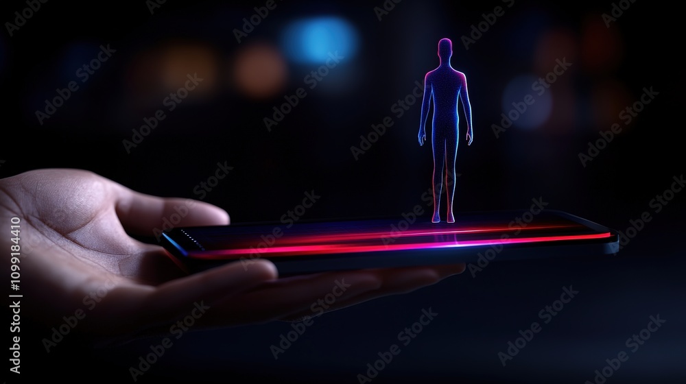Poster futuristic concept of holographic display projected from smartphone, creating illusion of floating h