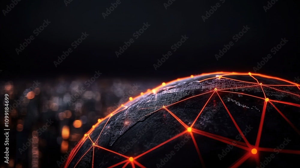 Poster futuristic global network concept with neon connections illuminating a dark background and highlight