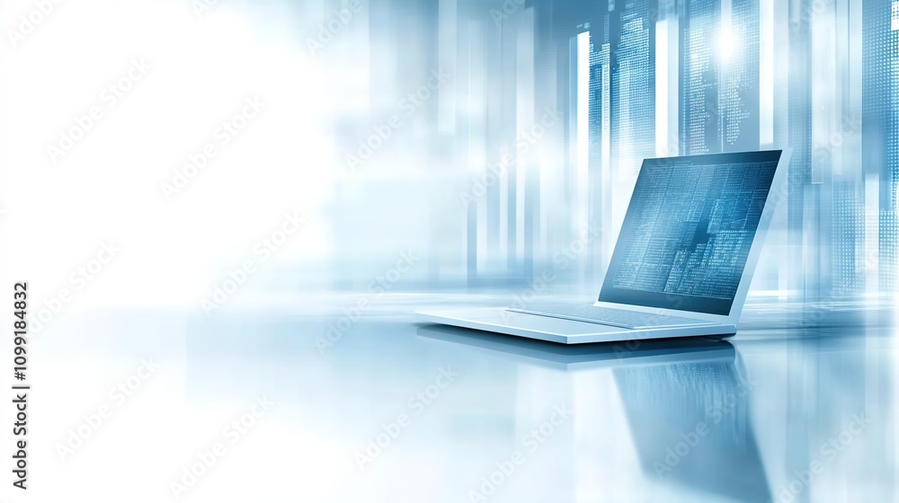 Poster modern laptop computer with a sleek design positioned on a reflective surface, symbolizing technolog