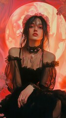 Fototapeta premium Mysterious Woman in Black Dress: Red Dramatic Portrait Photography