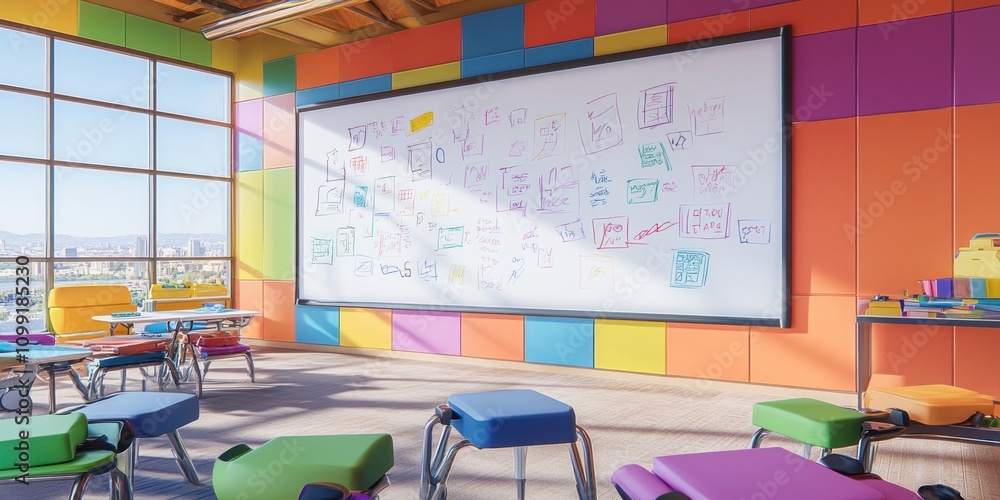 Poster a colorful classroom with a whiteboard filled with sketches and notes.