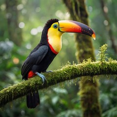 Rare toucan perched on a mossy branch