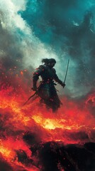Samurai Warrior in Fiery Battle: A Legendary Ronin's Courage