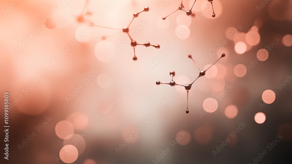 Poster abstract molecular structure with soft bokeh background in warm tones, perfect for scientific, techn