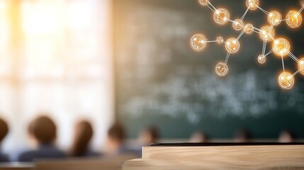 Obraz premium Abstract representation of molecular structure in a classroom setting, highlighting the importance of science education and student engagement in learning environments.