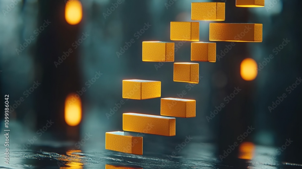 Poster floating geometric shapes in warm tones create a surreal atmosphere, surrounded by soft glowing ligh