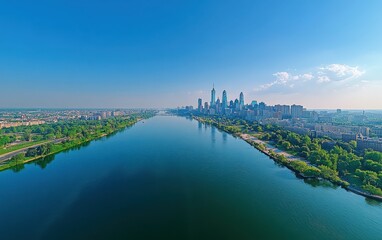 Fototapeta premium A professional aerial photo of Philadelphia's vibrant cityscape, showing skyscrapers, streets, and the river with greenery on both sides, captured under bright blue skies on a clear