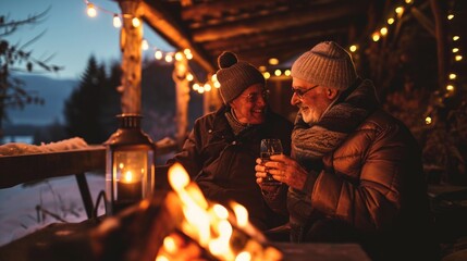 Cozy couple enjoying drinks by a fire with string lights in a winter setting.