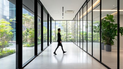 Fototapeta premium Modern Office Interior with Glass Walls, Lush Greenery, and a Professional Figure Walking in a Spacious Corridor Surrounded by Natural Light and Contemporary Design