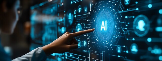 Fototapeta premium Chat with AI or Artificial Intelligence technology. Man touching chatting virtual with an intelligent artificial intelligence asks for answers he wants. Smart assistant futuristic, Chatbot, ChatGPT, 