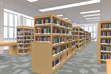 Obraz premium Modern library interior with bookshelves and natural light.