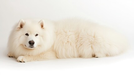 Fototapeta premium Playful samoyed dog relaxing indoors home setting animal portrait cozy environment close-up view pet companionship