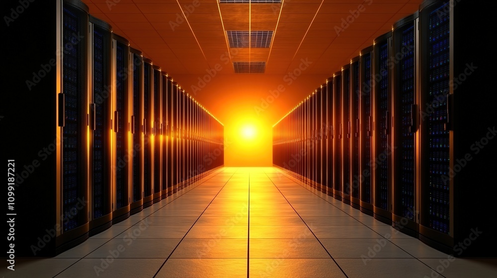Aufkleber a captivating view of an it server room with bright orange light at the end of the aisle, emphasizin