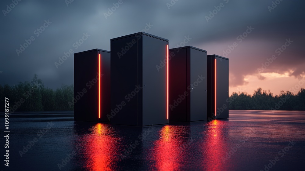 Aufkleber futuristic data center surrounded by dark clouds and reflected lights showcasing modern server racks
